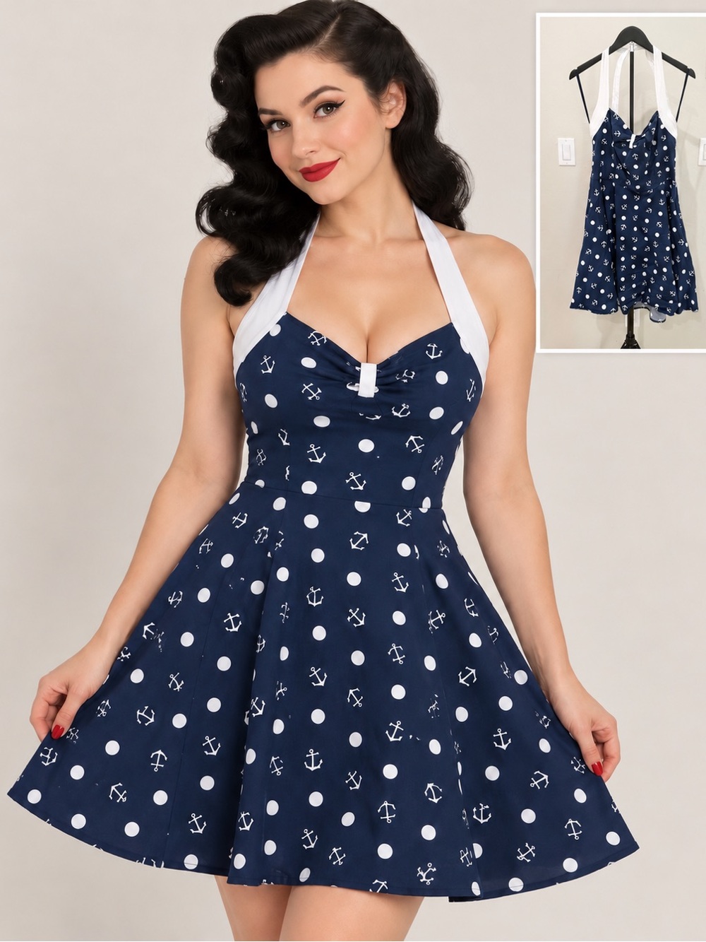 Hell Bunny Marina Nautical Anchor Pinup Halter Dress XL Retro Coastal Rockabilly